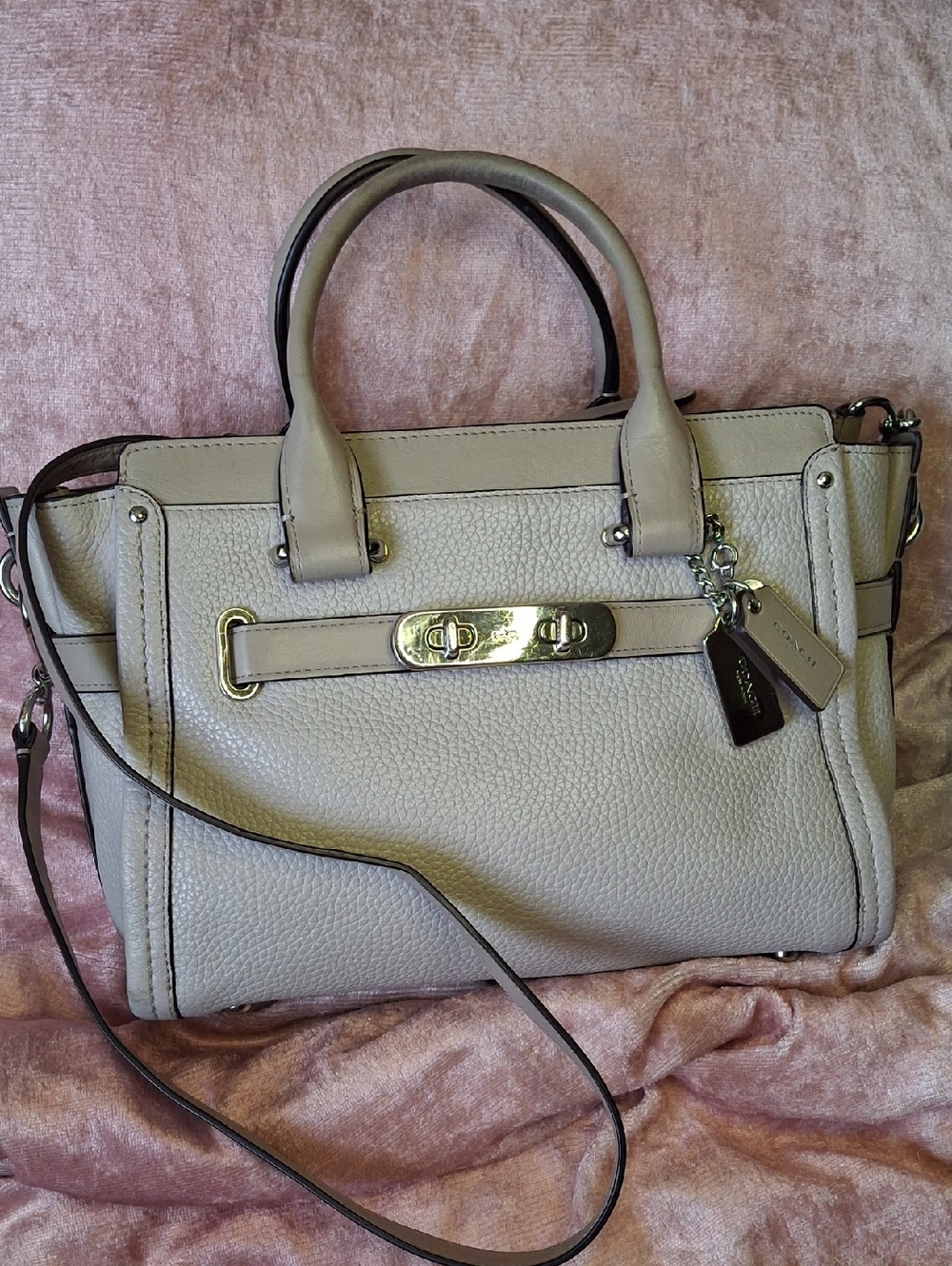 COACH SWAGGER Pebbled Leather Satchel Handbag in Light Gray with Gold Hardware
